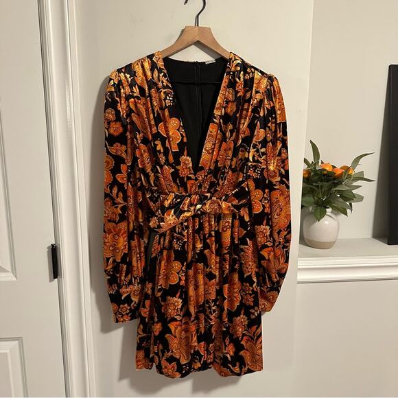 NWT DODO BAR OR Velvet Orange Black Floral Long Sleeve Mini Dress 44 8 - Picture 8 of 11